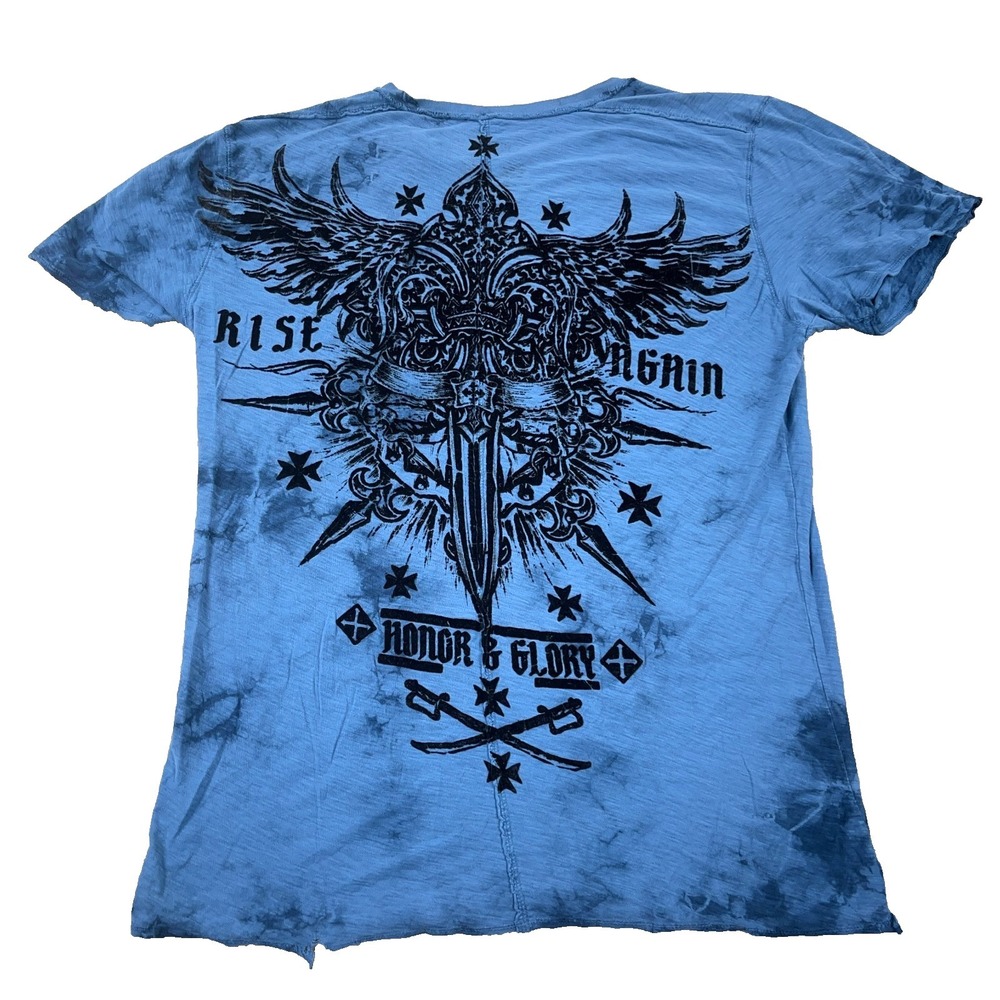 Raw State Shirt Men Large Blue Black Tee Cross Sword Wings MMA Distressed V Neck